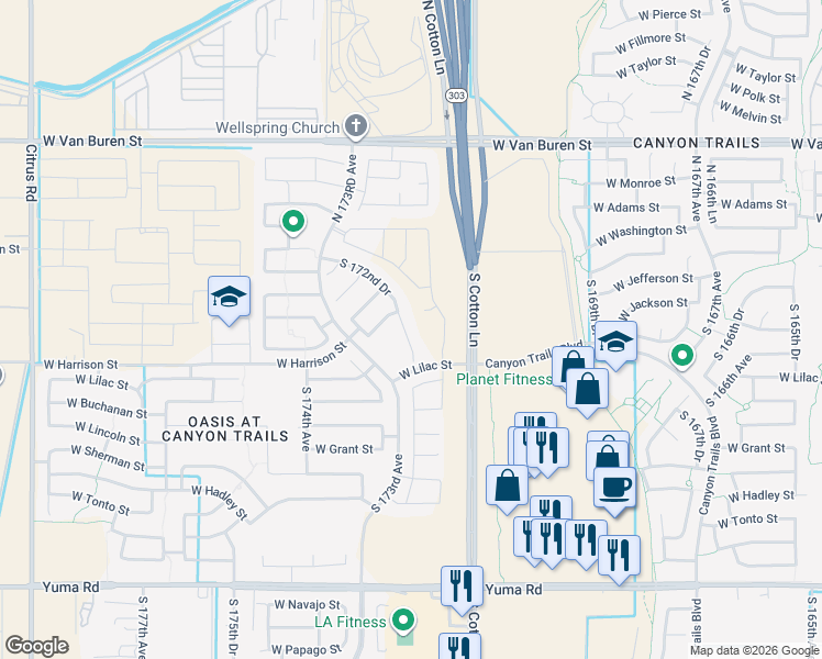 map of restaurants, bars, coffee shops, grocery stores, and more near 337 South 172nd Drive in Goodyear
