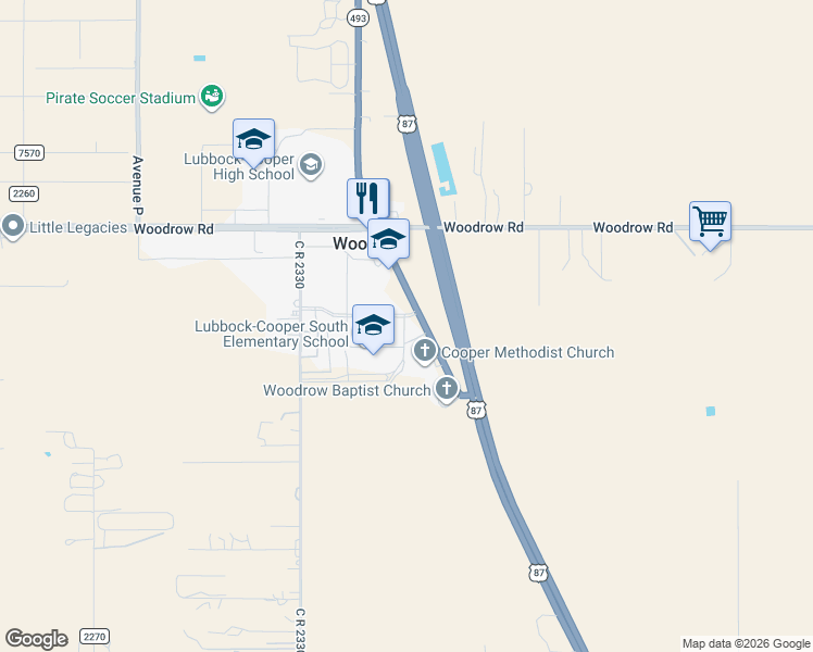 map of restaurants, bars, coffee shops, grocery stores, and more near 904 Private Road 7630 in Lubbock