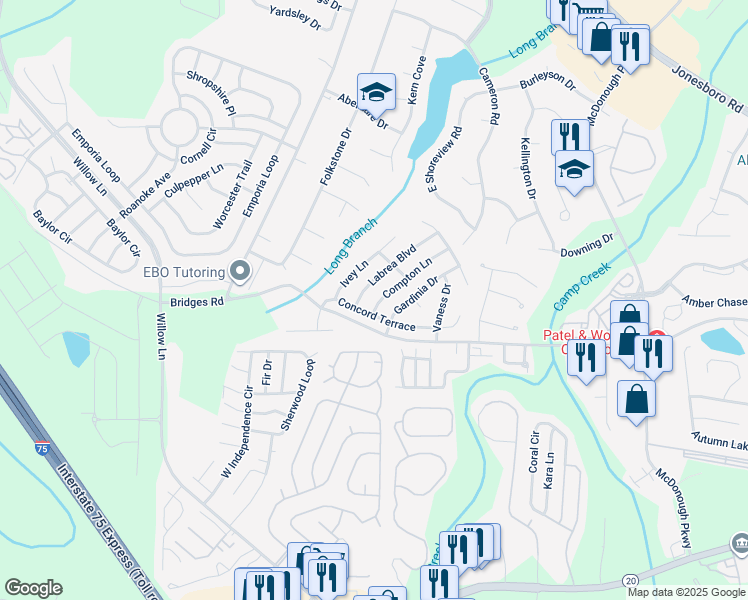 map of restaurants, bars, coffee shops, grocery stores, and more near 775 Compton Ln in McDonough