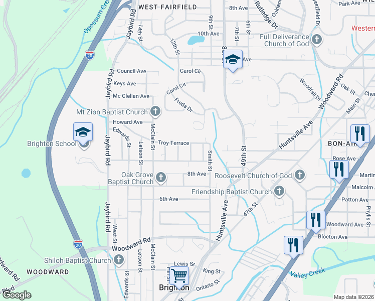 map of restaurants, bars, coffee shops, grocery stores, and more near 5018 Jacobs Street in Brighton