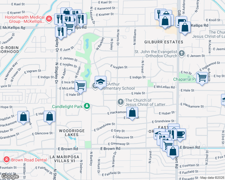 map of restaurants, bars, coffee shops, grocery stores, and more near 1557 East McLellan Road in Mesa