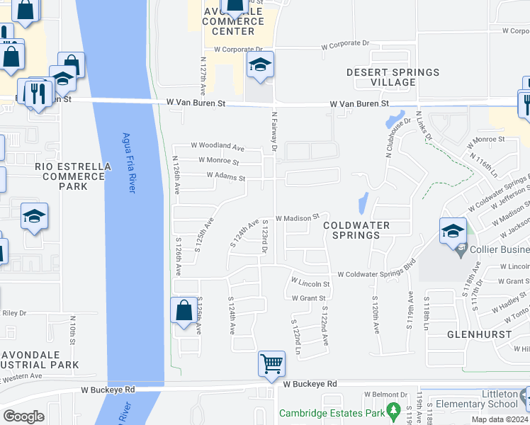 map of restaurants, bars, coffee shops, grocery stores, and more near 12348 West Madison Avenue in Avondale