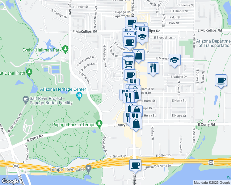 map of restaurants, bars, coffee shops, grocery stores, and more near 700 East Weber Drive in Tempe
