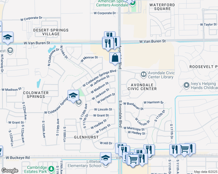 map of restaurants, bars, coffee shops, grocery stores, and more near 11574 West Jackson Street in Avondale