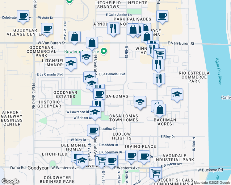 map of restaurants, bars, coffee shops, grocery stores, and more near 211 East Madison Street in Avondale