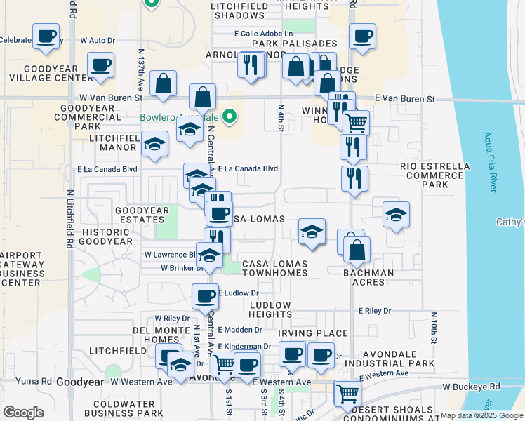 map of restaurants, bars, coffee shops, grocery stores, and more near 211 East Madison Street in Avondale