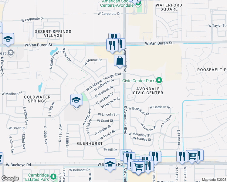 map of restaurants, bars, coffee shops, grocery stores, and more near 11574 West Jackson Street in Avondale