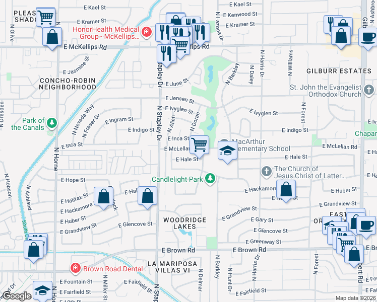 map of restaurants, bars, coffee shops, grocery stores, and more near 1313 East McLellan Road in Mesa