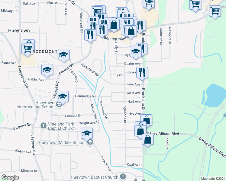 map of restaurants, bars, coffee shops, grocery stores, and more near 220 Gwin Avenue in Hueytown