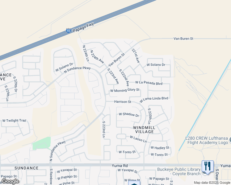 map of restaurants, bars, coffee shops, grocery stores, and more near 22287 W Morning Glory St in Buckeye