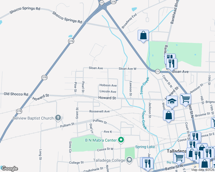 map of restaurants, bars, coffee shops, grocery stores, and more near 522 Tuskegee St in Talladega