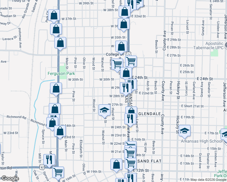 map of restaurants, bars, coffee shops, grocery stores, and more near 2816 Hazel Street in Texarkana
