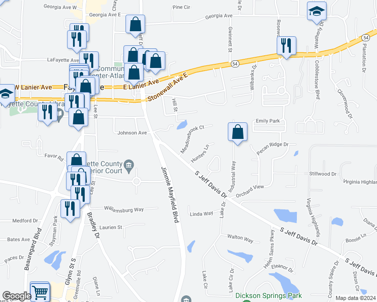 map of restaurants, bars, coffee shops, grocery stores, and more near 105 Meadowbrook Court in Fayetteville