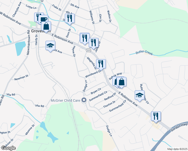 map of restaurants, bars, coffee shops, grocery stores, and more near 4105 Sterlington Drive in Grovetown