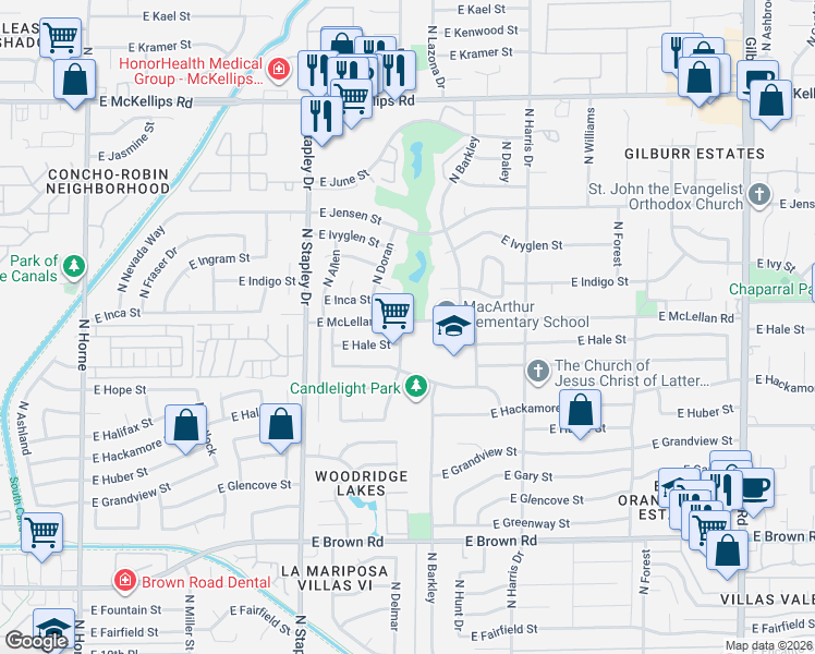 map of restaurants, bars, coffee shops, grocery stores, and more near 1355 East McLellan Road in Mesa