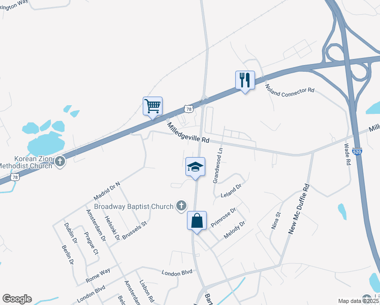 map of restaurants, bars, coffee shops, grocery stores, and more near 2307 Marlette Court in Augusta