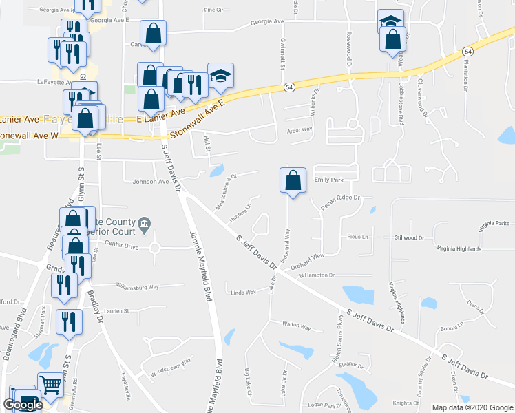 map of restaurants, bars, coffee shops, grocery stores, and more near 145 Hunters Lane in Fayetteville