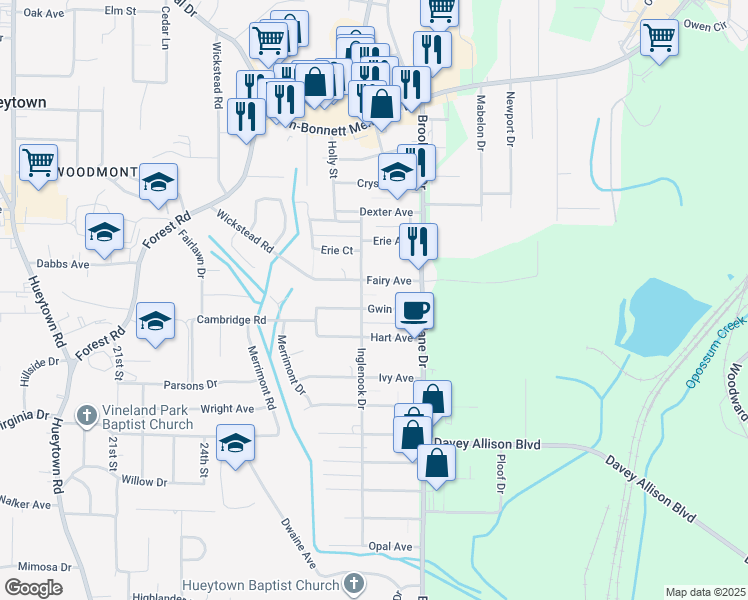 map of restaurants, bars, coffee shops, grocery stores, and more near 116 Gwin Avenue in Hueytown
