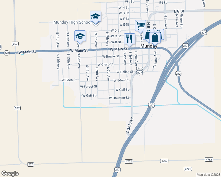 map of restaurants, bars, coffee shops, grocery stores, and more near 630 South 7th Avenue in Munday