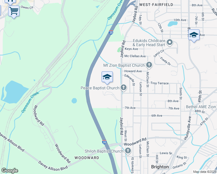 map of restaurants, bars, coffee shops, grocery stores, and more near 3400 Browns Circle in Bessemer