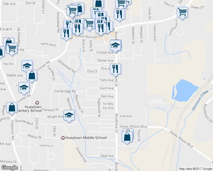 map of restaurants, bars, coffee shops, grocery stores, and more near 116 Gwin Avenue in Hueytown