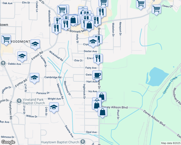 map of restaurants, bars, coffee shops, grocery stores, and more near 116 Gwin Avenue in Hueytown