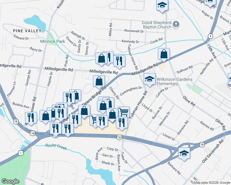 map of restaurants, bars, coffee shops, grocery stores, and more near 1930 Cherry Road in Augusta