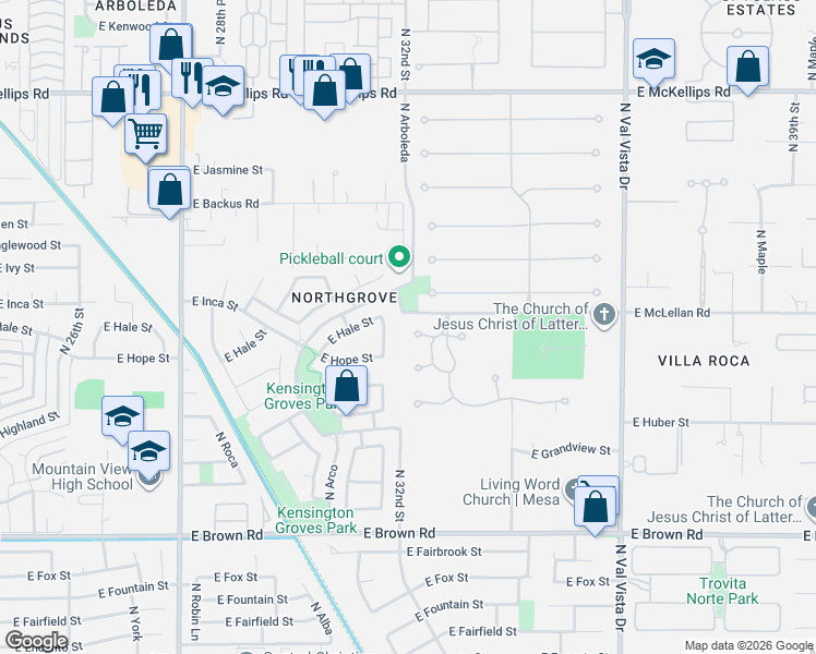 map of restaurants, bars, coffee shops, grocery stores, and more near 3208 East Hope Circle in Mesa