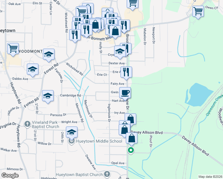 map of restaurants, bars, coffee shops, grocery stores, and more near 124 Gwin Avenue in Hueytown