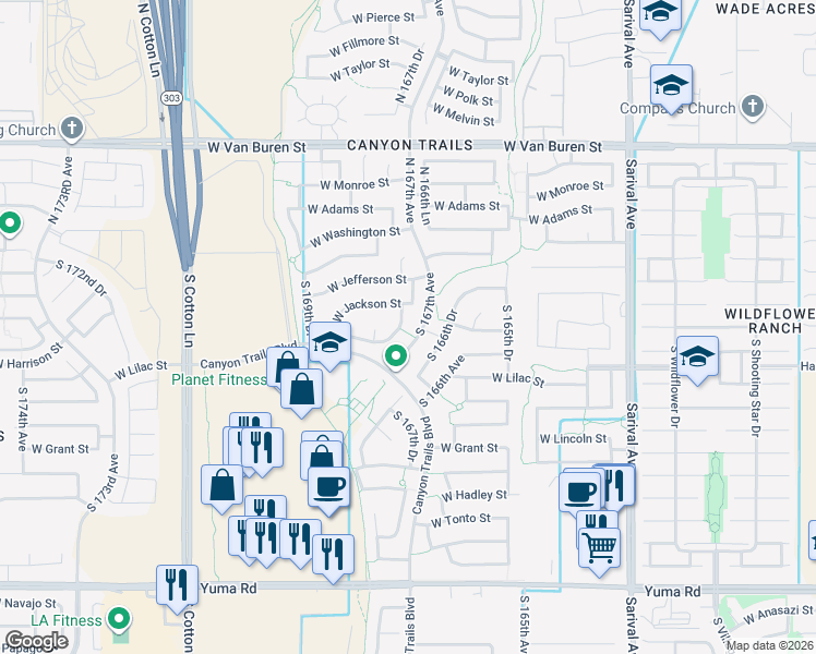 map of restaurants, bars, coffee shops, grocery stores, and more near 332 South 166th Drive in Goodyear
