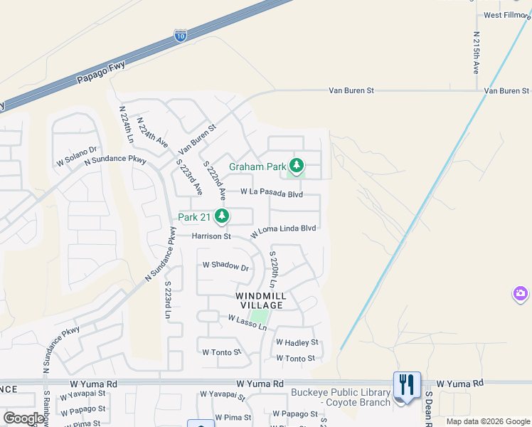 map of restaurants, bars, coffee shops, grocery stores, and more near 352 South 220th Lane in Buckeye