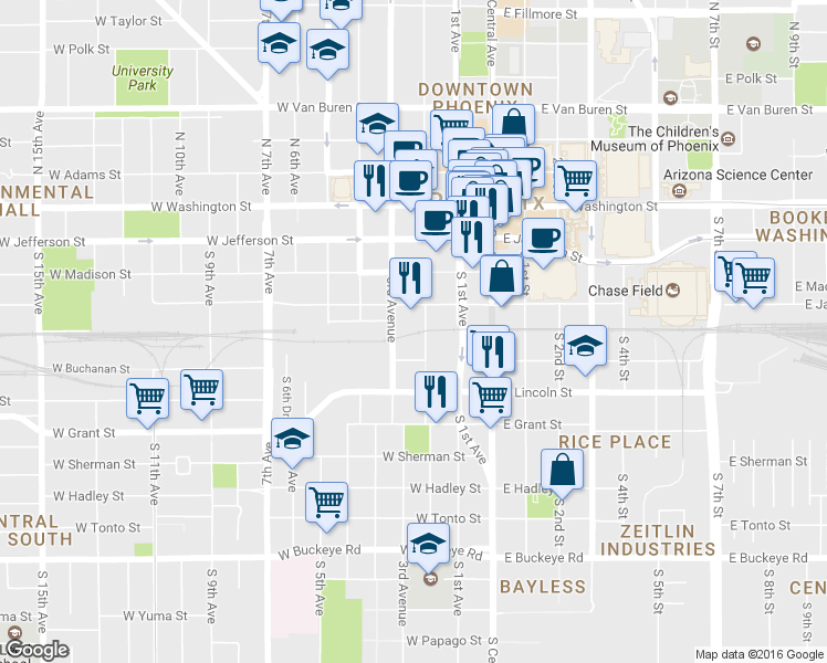 map of restaurants, bars, coffee shops, grocery stores, and more near 202 West Harrison Street in Phoenix
