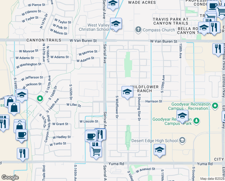 map of restaurants, bars, coffee shops, grocery stores, and more near Morning Glory Street in Goodyear