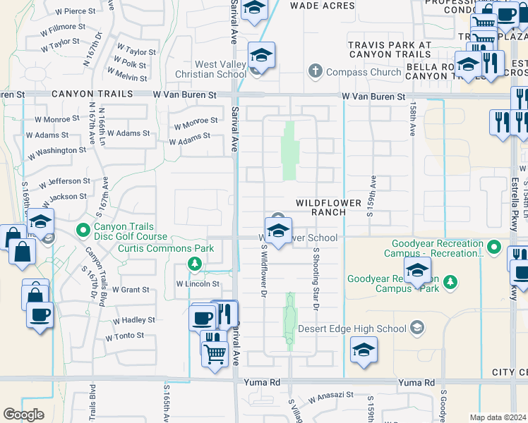 map of restaurants, bars, coffee shops, grocery stores, and more near 16200 Morning Glory Street in Goodyear
