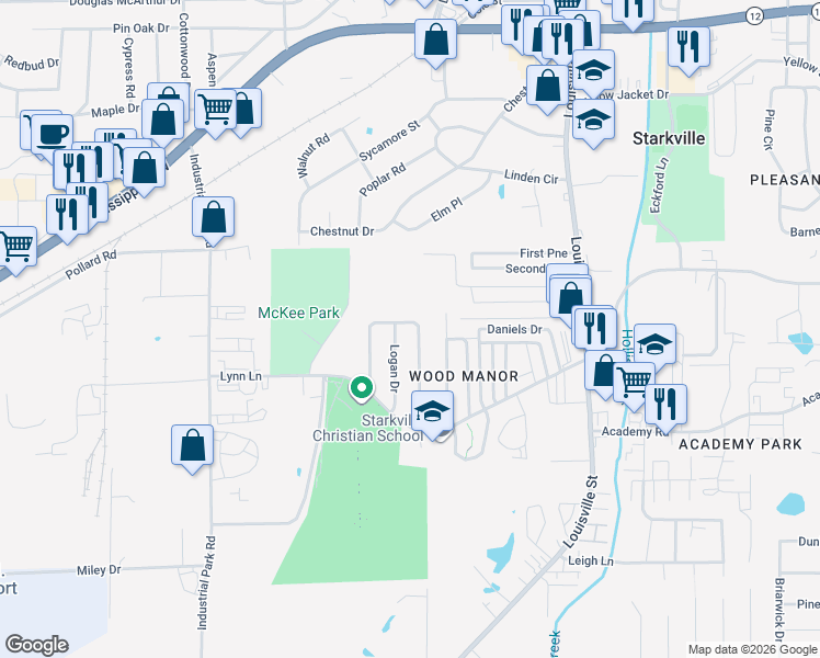 map of restaurants, bars, coffee shops, grocery stores, and more near 129 Helen Circle in Starkville