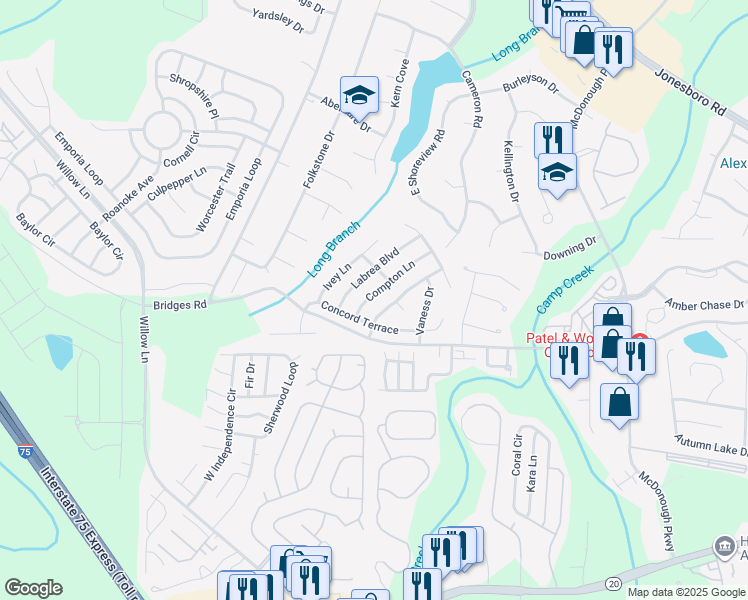 map of restaurants, bars, coffee shops, grocery stores, and more near 750 Compton Lane in McDonough