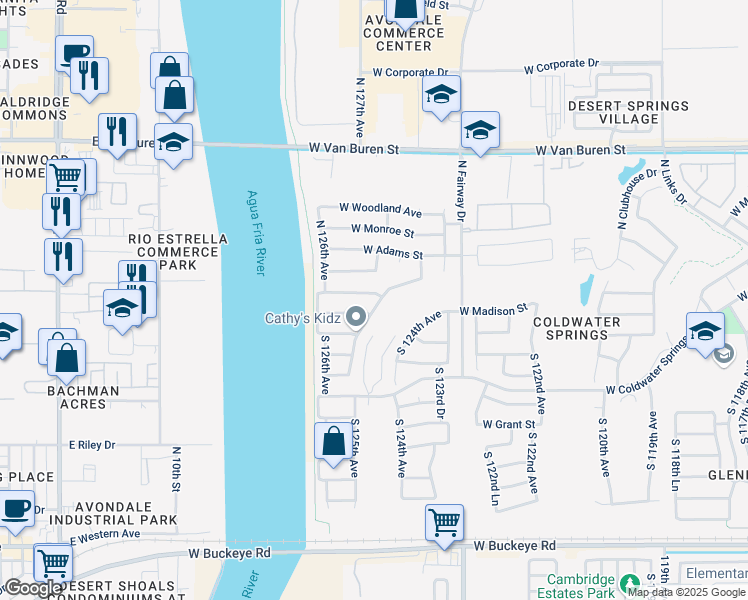 map of restaurants, bars, coffee shops, grocery stores, and more near 12509 West Jefferson Street in Avondale