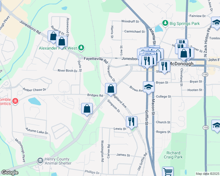 map of restaurants, bars, coffee shops, grocery stores, and more near 157 Hampton Street in McDonough