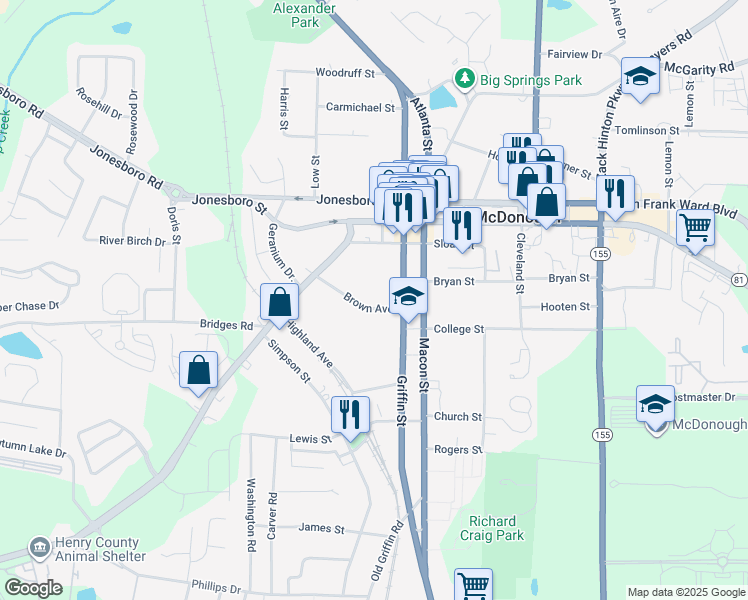 map of restaurants, bars, coffee shops, grocery stores, and more near 37 Brown Avenue in McDonough