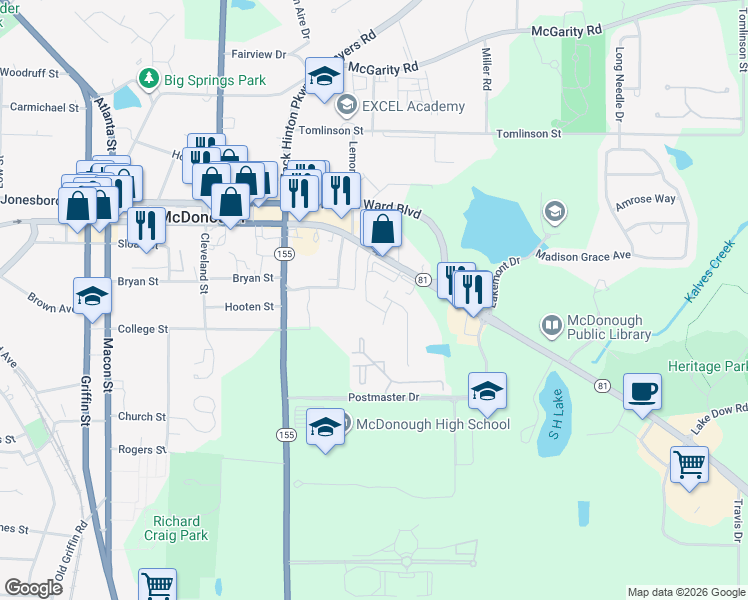 map of restaurants, bars, coffee shops, grocery stores, and more near 109 Alexandria Boulevard in McDonough