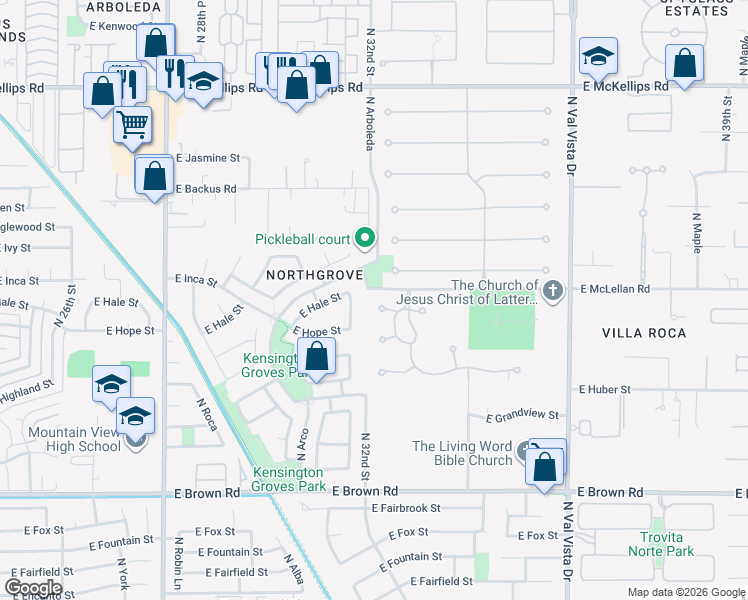 map of restaurants, bars, coffee shops, grocery stores, and more near 3208 East Hope Circle in Mesa