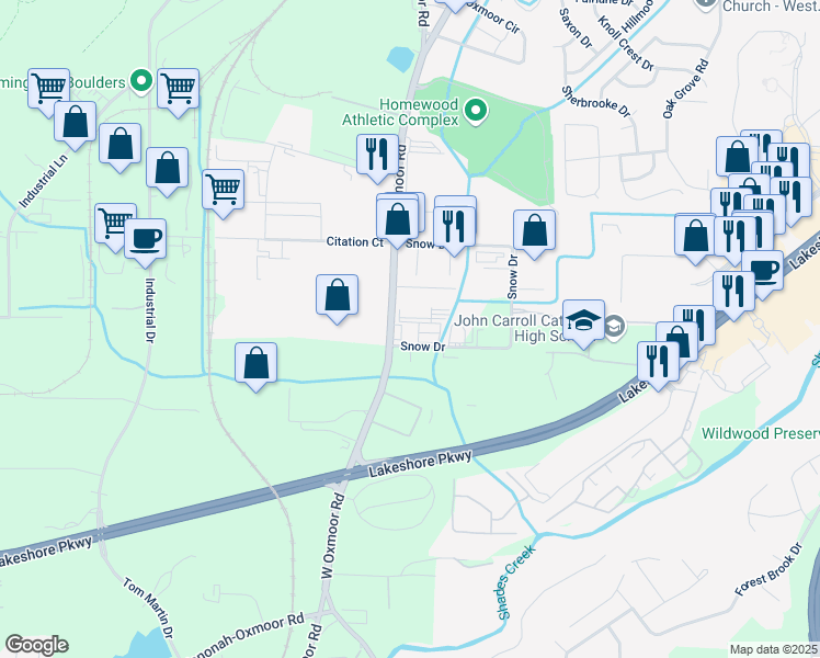 map of restaurants, bars, coffee shops, grocery stores, and more near 185 West Oxmoor Road in Birmingham