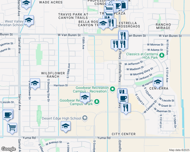 map of restaurants, bars, coffee shops, grocery stores, and more near 158th Avenue in Goodyear