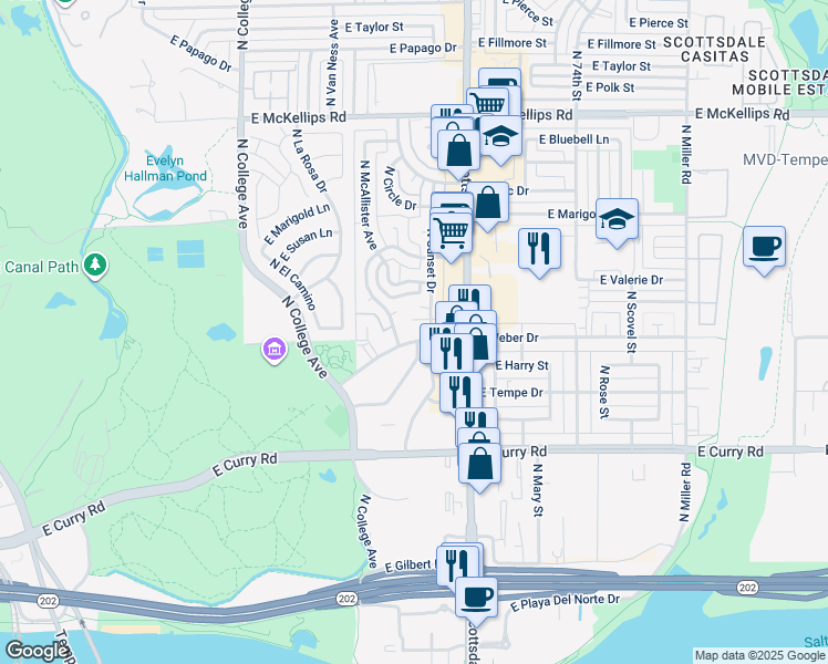 map of restaurants, bars, coffee shops, grocery stores, and more near 700 East Weber Drive in Tempe
