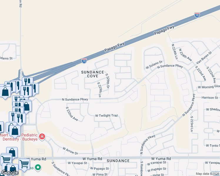map of restaurants, bars, coffee shops, grocery stores, and more near 353 South 229th Drive in Buckeye