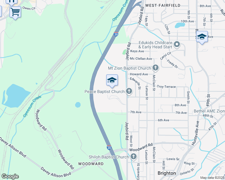 map of restaurants, bars, coffee shops, grocery stores, and more near 3400 Browns Circle in Bessemer
