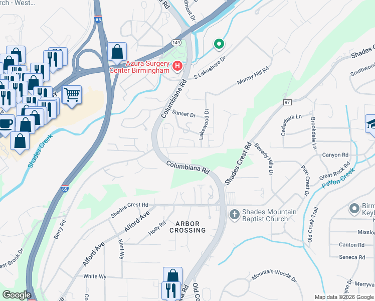 map of restaurants, bars, coffee shops, grocery stores, and more near 1725 Woodbine Drive in Vestavia Hills