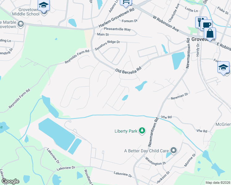 map of restaurants, bars, coffee shops, grocery stores, and more near 8025 Battle Street in Grovetown