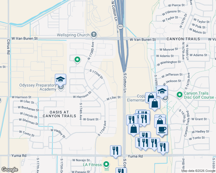 map of restaurants, bars, coffee shops, grocery stores, and more near 337 South 172nd Drive in Goodyear