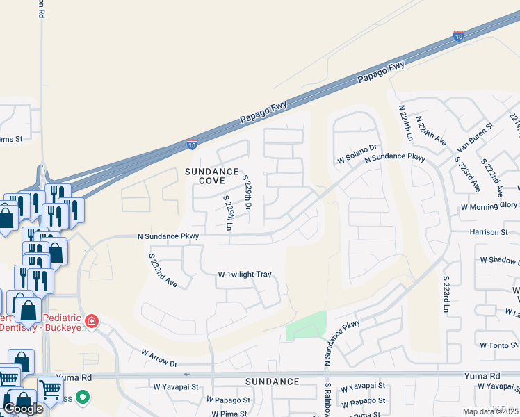 map of restaurants, bars, coffee shops, grocery stores, and more near 353 South 229th Drive in Buckeye